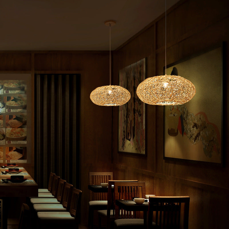 1 Light Rounded Drum Hanging Ceiling Lights Chinese Rattan Suspension Pendant Light for Restaurant