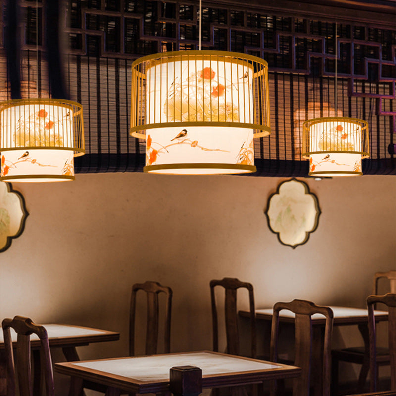 1 Light Cylindrical Hanging Light Fixtures Chinese Bamboo Hanging Pendant Lights for Restaurant