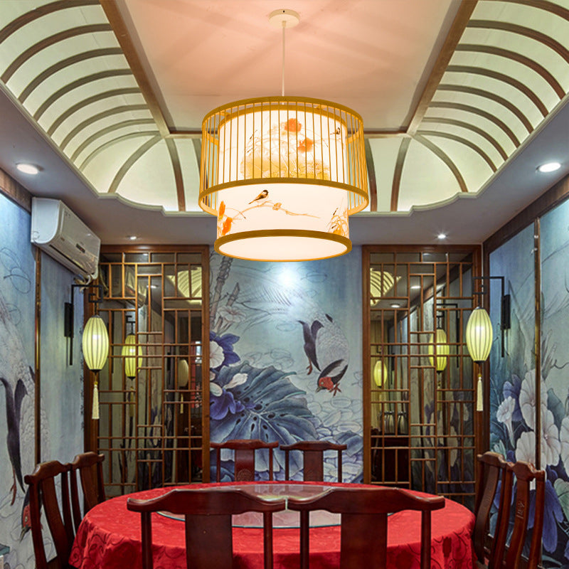 1 Light Cylindrical Hanging Light Fixtures Chinese Bamboo Hanging Pendant Lights for Restaurant
