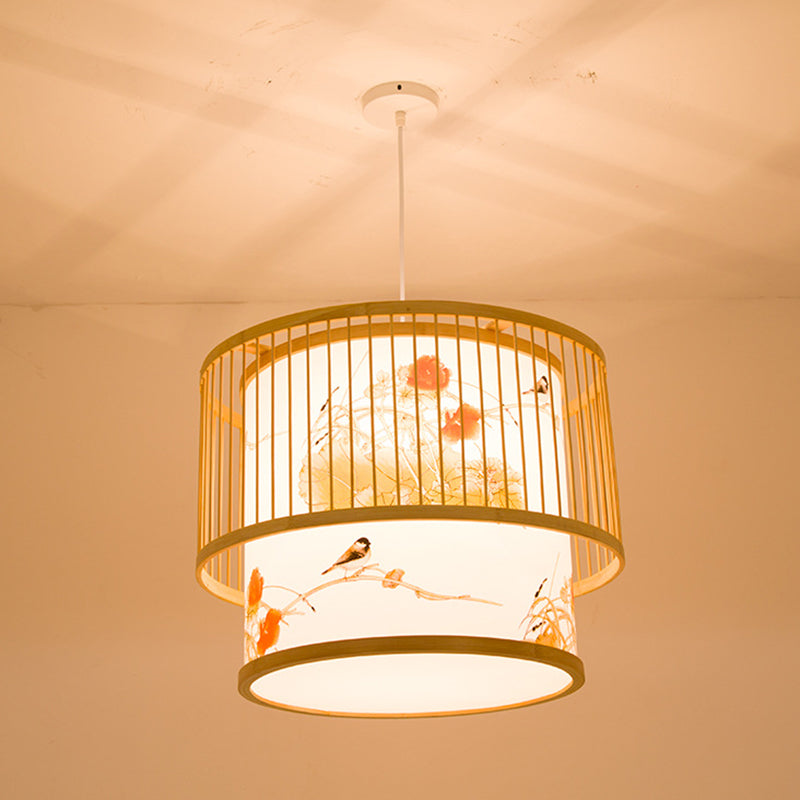 1 Light Cylindrical Hanging Light Fixtures Chinese Bamboo Hanging Pendant Lights for Restaurant