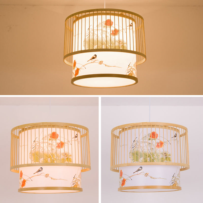 1 Light Cylindrical Hanging Light Fixtures Chinese Bamboo Hanging Pendant Lights for Restaurant