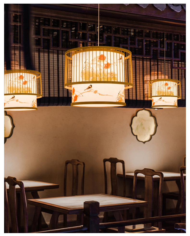 1 Light Cylindrical Hanging Light Fixtures Chinese Bamboo Hanging Pendant Lights for Restaurant