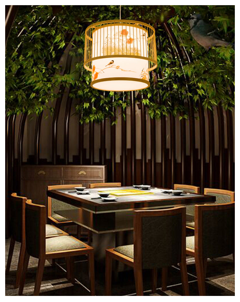 1 Light Cylindrical Hanging Light Fixtures Chinese Bamboo Hanging Pendant Lights for Restaurant