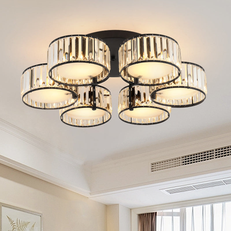3/5/6 Lights Living Room Ceiling Light Fixture Modern Black Flush Mount with Drum Crystal Shade