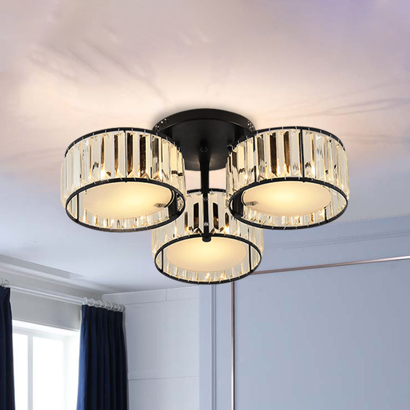 3/5/6 Lights Living Room Ceiling Light Fixture Modern Black Flush Mount with Drum Crystal Shade