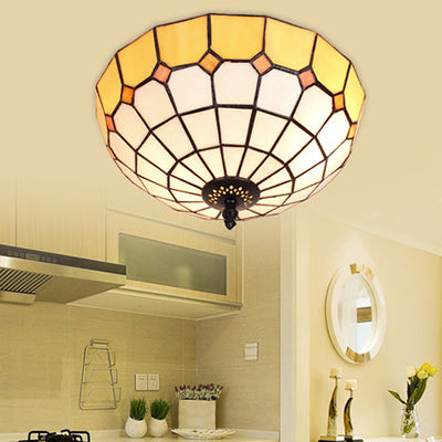 Plafonnier bol en verre teinté Tiffany, 2 lumières, plafonnier en Beige/transparent/bleu pour salle de bain