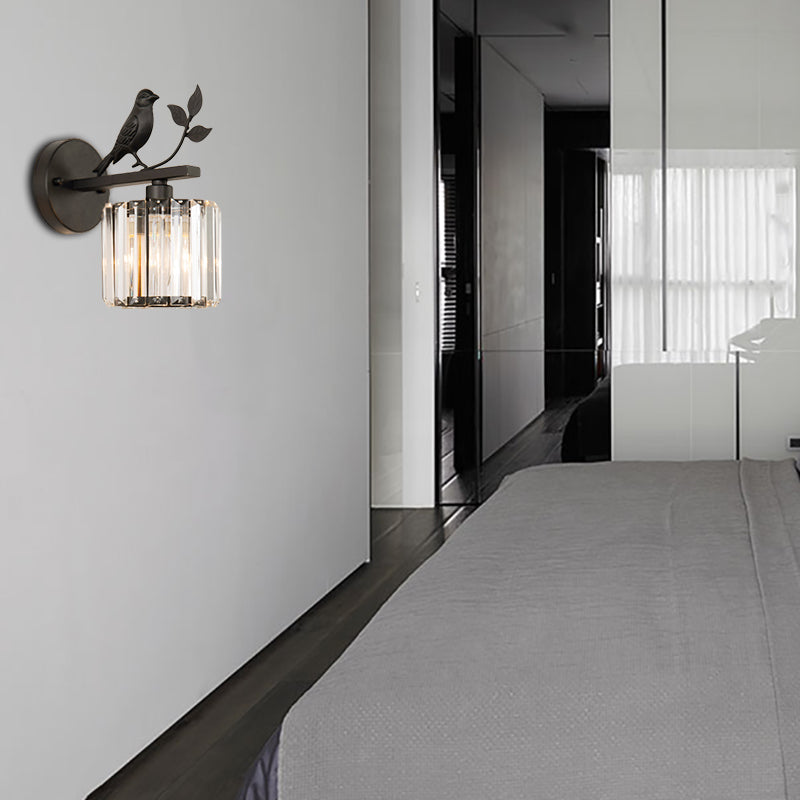 K9 Crystal Cylinder Wall Mounted Lamp Contemporary 1 Bulb Wall Sconce with Bird Accent in Black/Gold