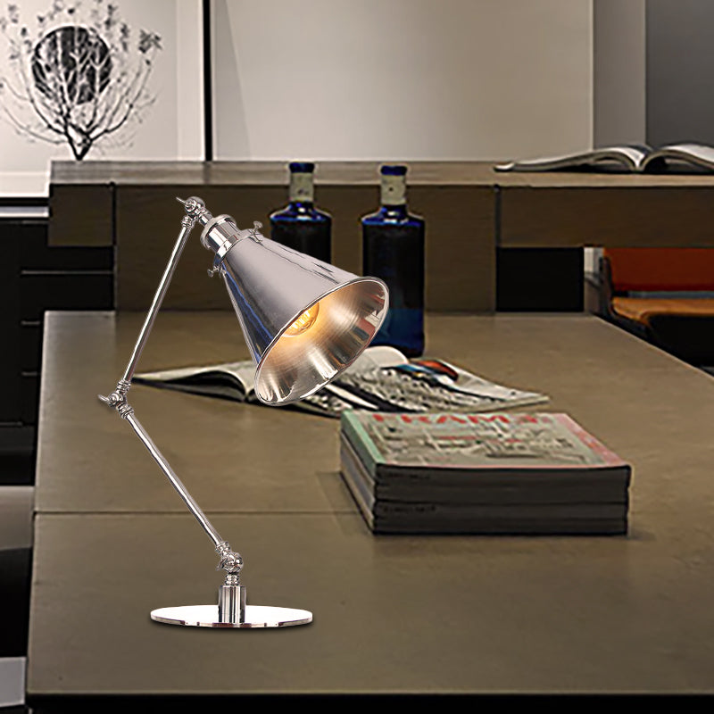 Tapered Study Room Desk Lighting Metal 1 Light Industrial Reading Book Light with 8"+8"/8"+8"+8" Length Arm in Chrome