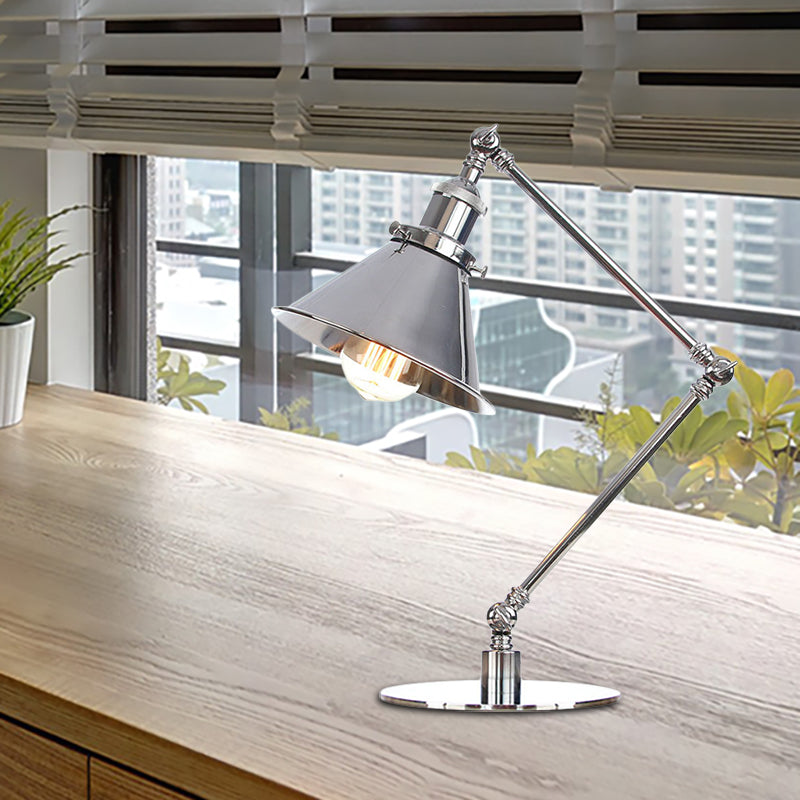 Tapered Study Room Desk Lighting Metal 1 Light Industrial Reading Book Light with 8"+8"/8"+8"+8" Length Arm in Chrome