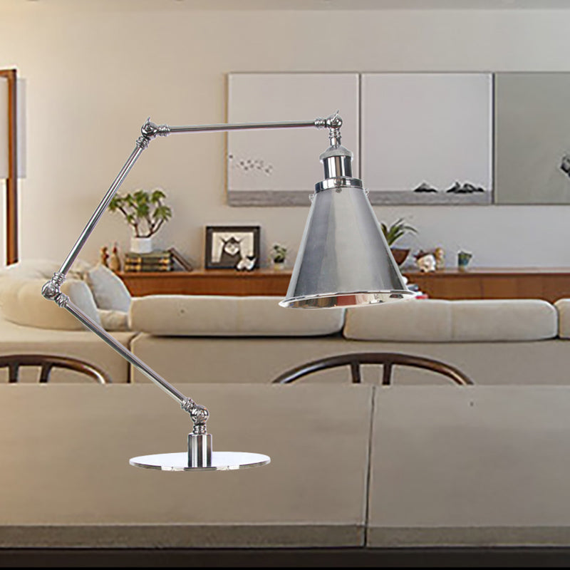 Tapered Study Room Desk Lighting Metal 1 Light Industrial Reading Book Light with 8"+8"/8"+8"+8" Length Arm in Chrome