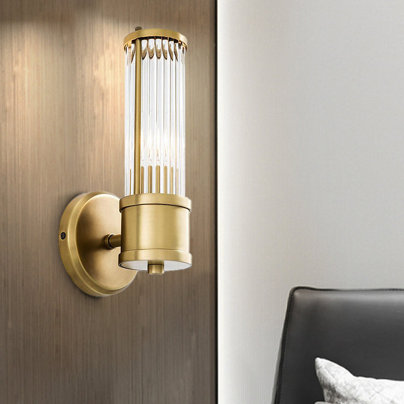 1/2 Bulbs Cylindrical Sconce Contemporary Gold Crystal Wall Mounted Light Fixture for Living Room