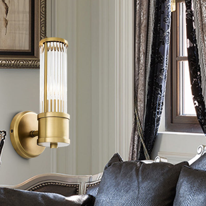 1/2 Bulbs Cylindrical Sconce Contemporary Gold Crystal Wall Mounted Light Fixture for Living Room
