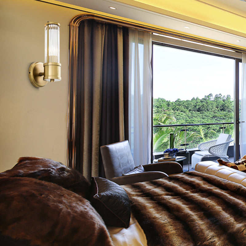 1/2 Bulbs Cylindrical Sconce Contemporary Gold Crystal Wall Mounted Light Fixture for Living Room