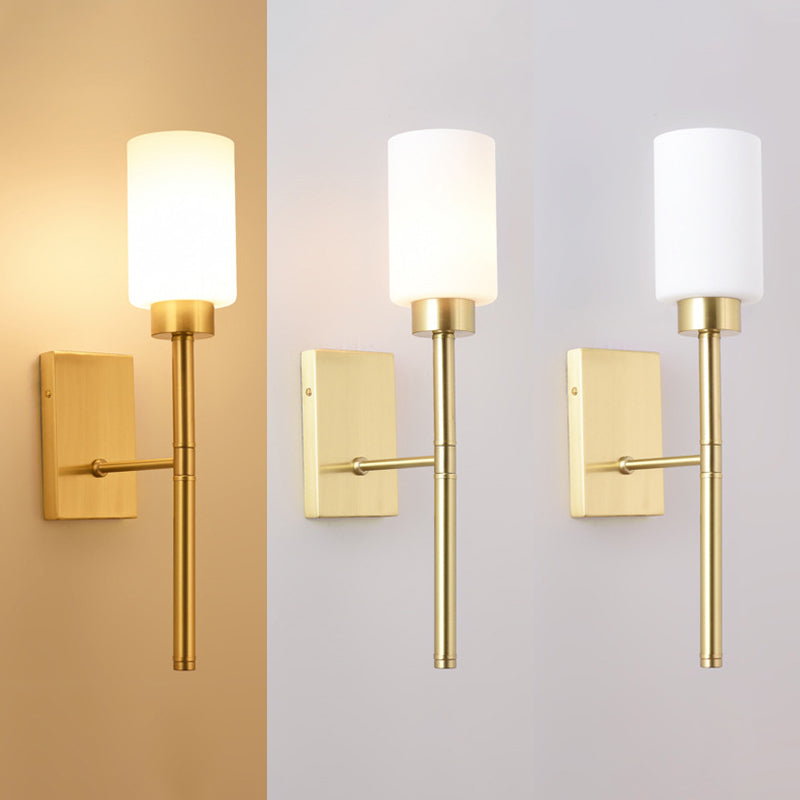 Contemporary Sconce Lights Brass Arm Wall Light for Hotel Bedroom in White Glass Shade