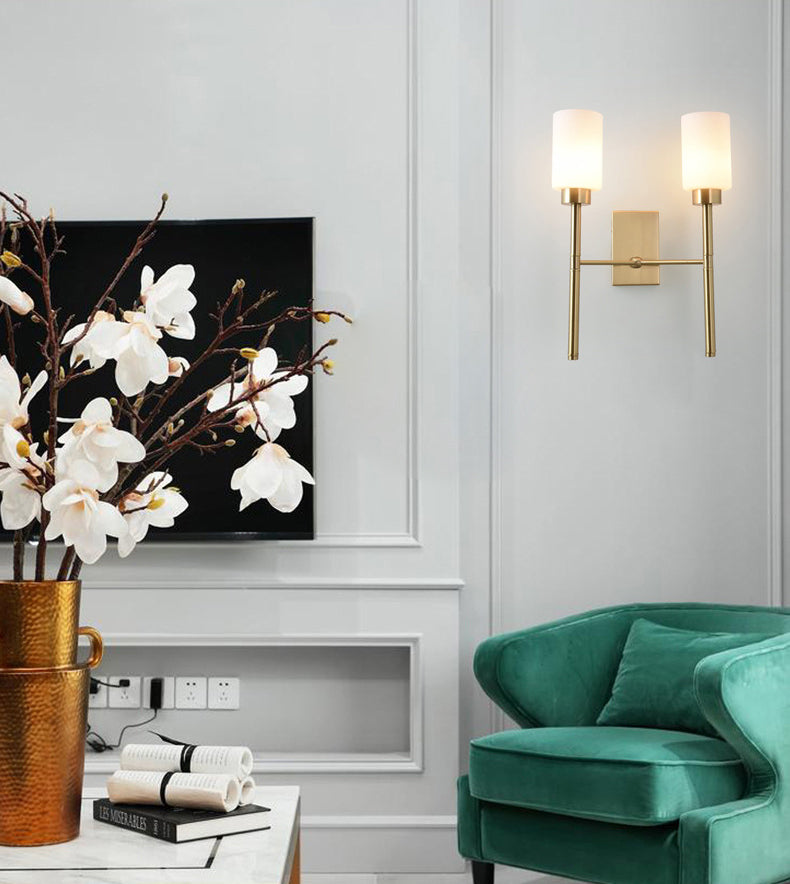 Contemporary Sconce Lights Brass Arm Wall Light for Hotel Bedroom in White Glass Shade