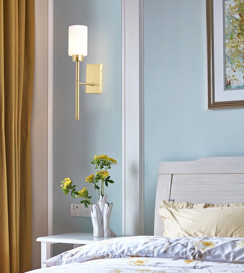 Contemporary Sconce Lights Brass Arm Wall Light for Hotel Bedroom in White Glass Shade