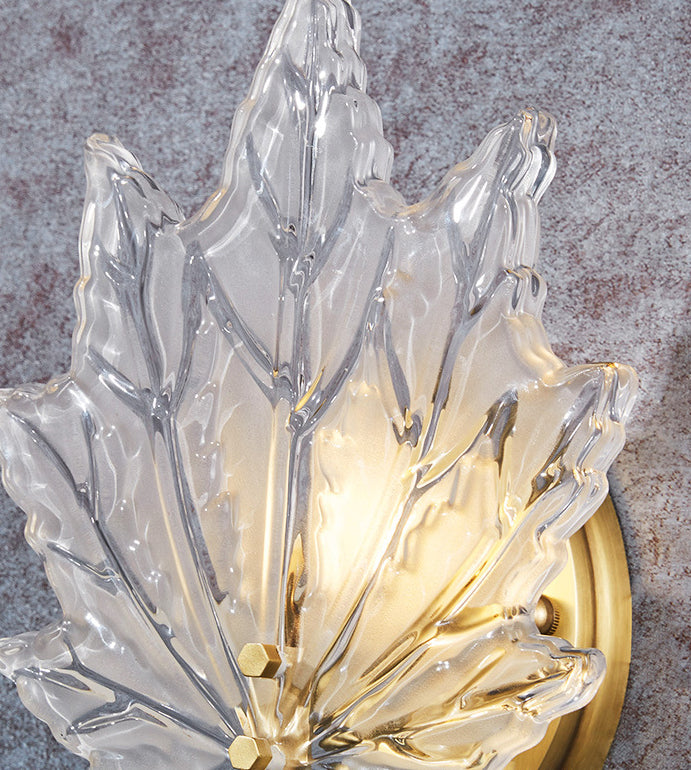 Individual Maple Leaves Wall Sconce Brass Siding Wall Light Sconce in Glass Shade