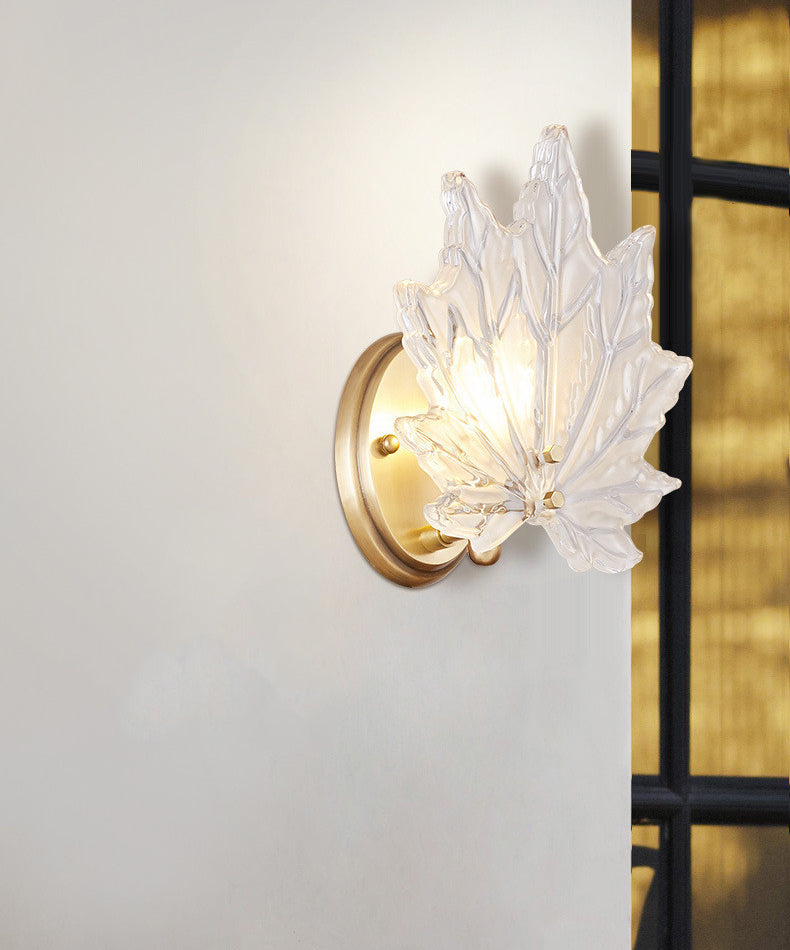 Individual Maple Leaves Wall Sconce Brass Siding Wall Light Sconce in Glass Shade