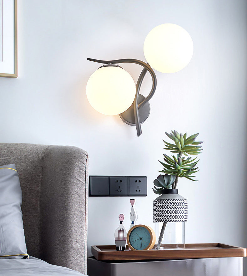 2 Heads Nordic Style Wall Mount Light Metal Arm Glass Shade Sconce Light Fixture for Bedroom