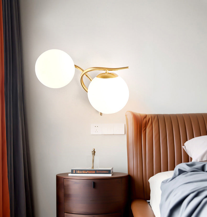 2 Heads Nordic Style Wall Mount Light Metal Arm Glass Shade Sconce Light Fixture for Bedroom