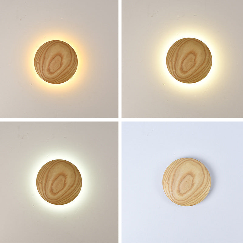 Atmosphere Circle Shape Wall Sconce Light Natural Oak LED Wall Lighting for Bedroom
