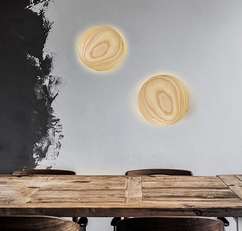 Atmosphere Circle Shape Wall Sconce Light Natural Oak LED Wall Lighting for Bedroom