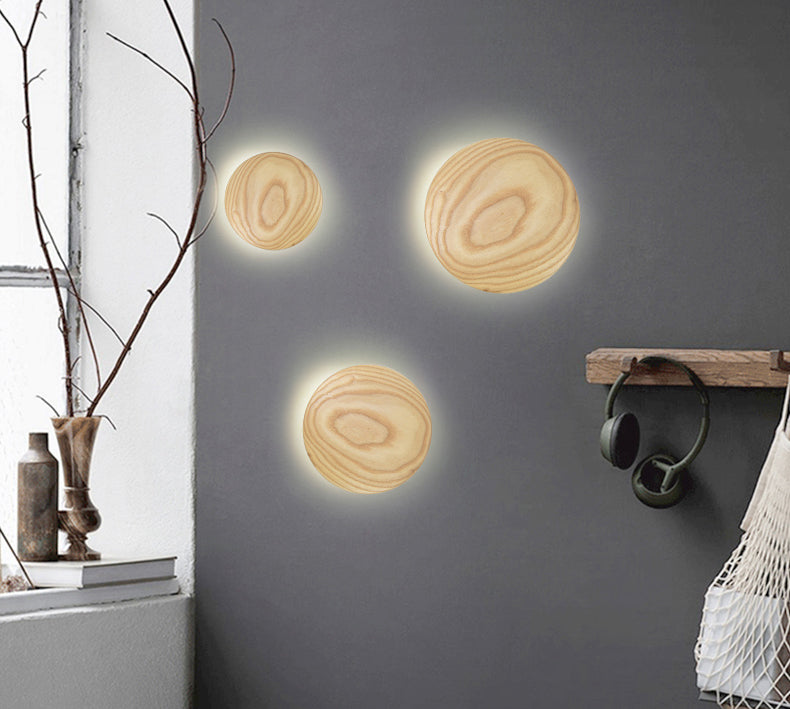 Atmosphere Circle Shape Wall Sconce Light Natural Oak LED Wall Lighting for Bedroom