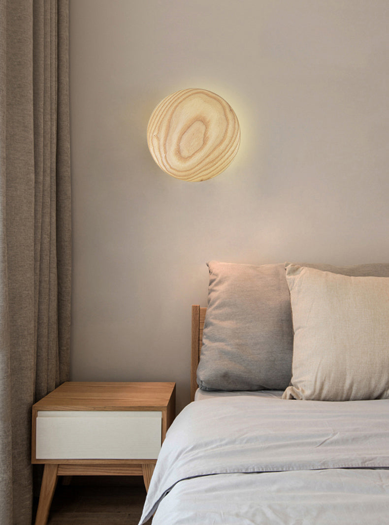 Atmosphere Circle Shape Wall Sconce Light Natural Oak LED Wall Lighting for Bedroom