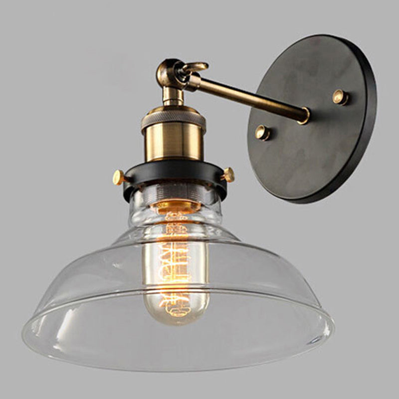 Industrial 1 Light Wall Sconce Aged Brass Arm Wall lighting in Pure Glass Barn Shade