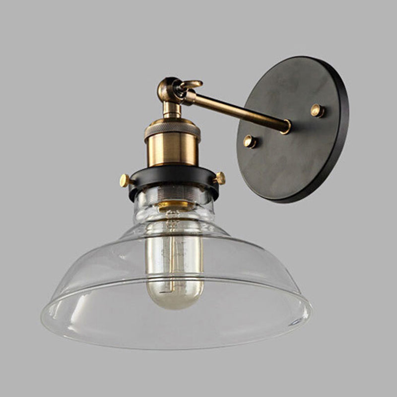 Industrial 1 Light Wall Sconce Aged Brass Arm Wall lighting in Pure Glass Barn Shade