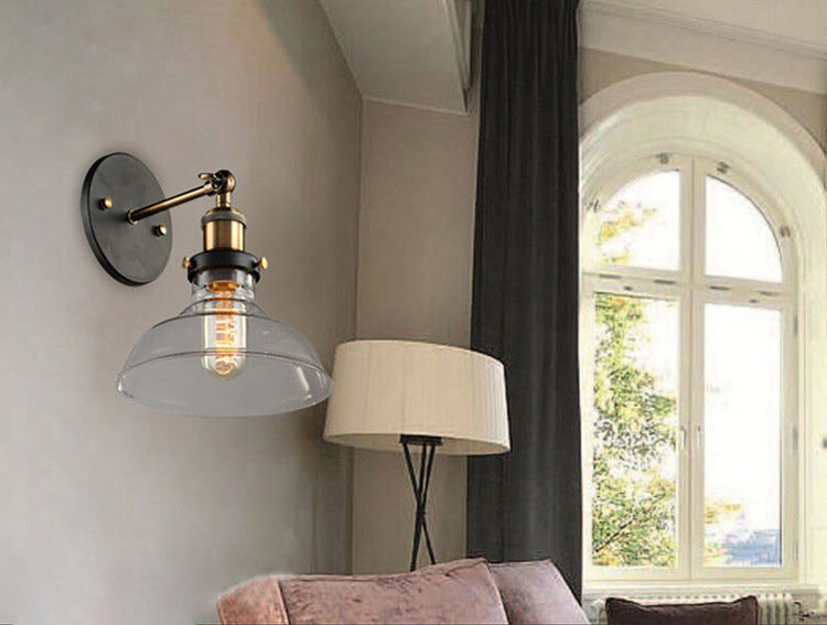 Industrial 1 Light Wall Sconce Aged Brass Arm Wall lighting in Pure Glass Barn Shade