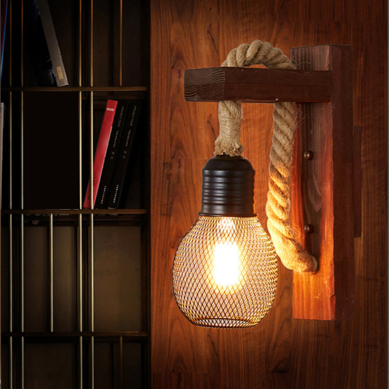 Aplique de pared industrial vintage 1 luz de aplique de cuerda natural para bar cafetería