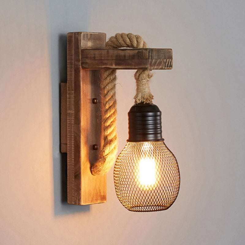 Aplique de pared industrial vintage 1 luz de aplique de cuerda natural para bar cafetería