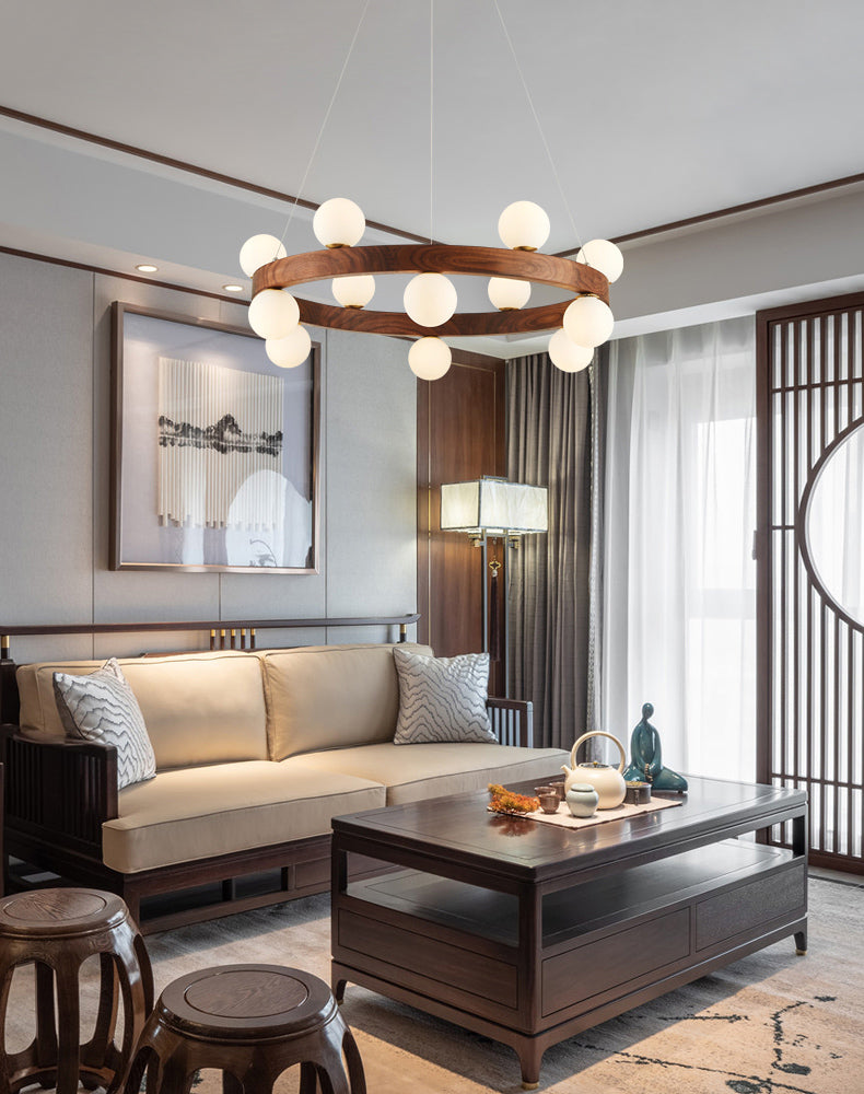 Nordic Minimalist Circular Chandelier Lamp Wood Hanging Pendant Lights for Restaurant