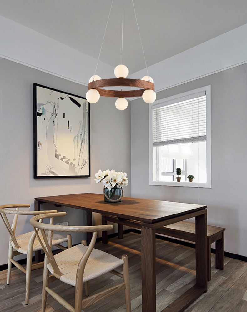 Nordic Minimalist Circular Chandelier Lamp Wood Hanging Pendant Lights for Restaurant
