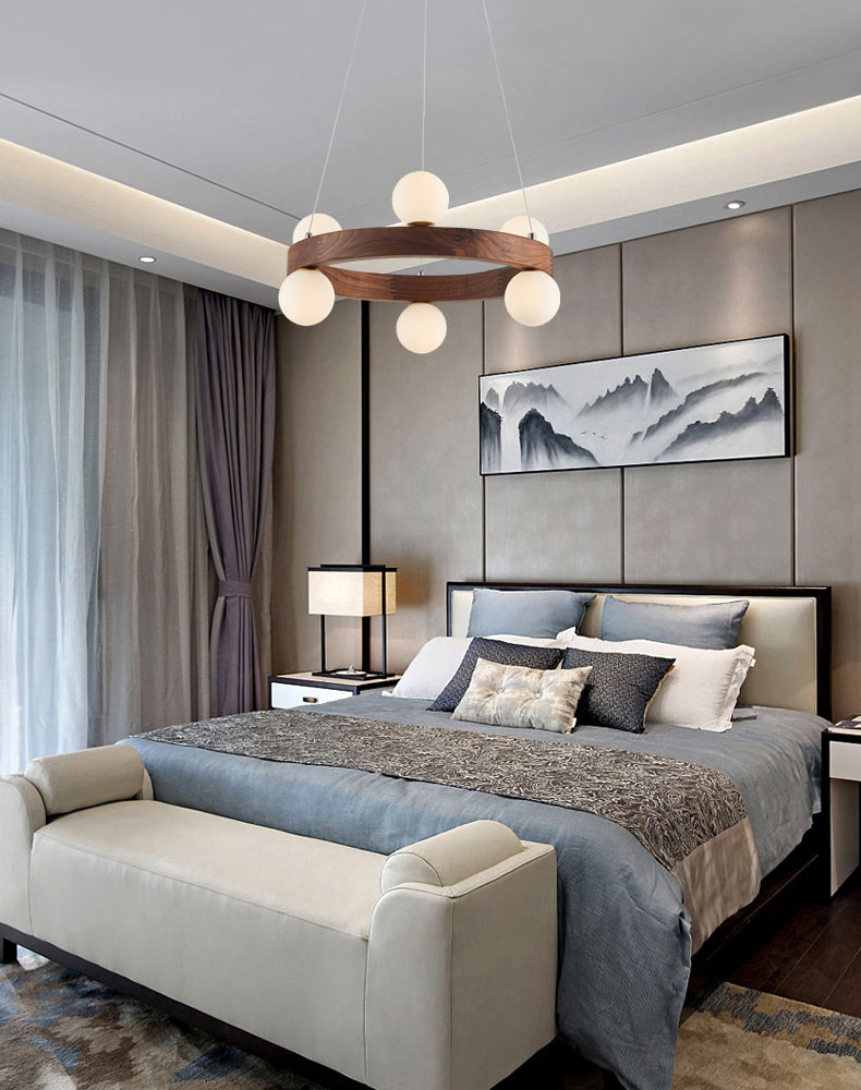 Nordic Minimalist Circular Chandelier Lamp Wood Hanging Pendant Lights for Restaurant