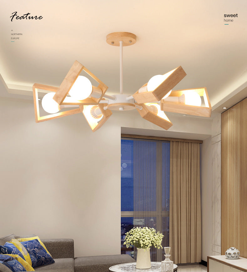 Ultra-modern Sputnik Hanging Chandelier Wood Hanging Lamp with Hanging Cord for Restaurant