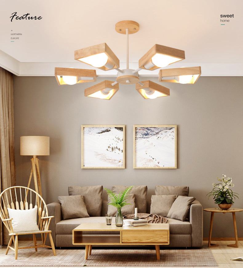 Ultra-modern Sputnik Hanging Chandelier Wood Hanging Lamp with Hanging Cord for Restaurant