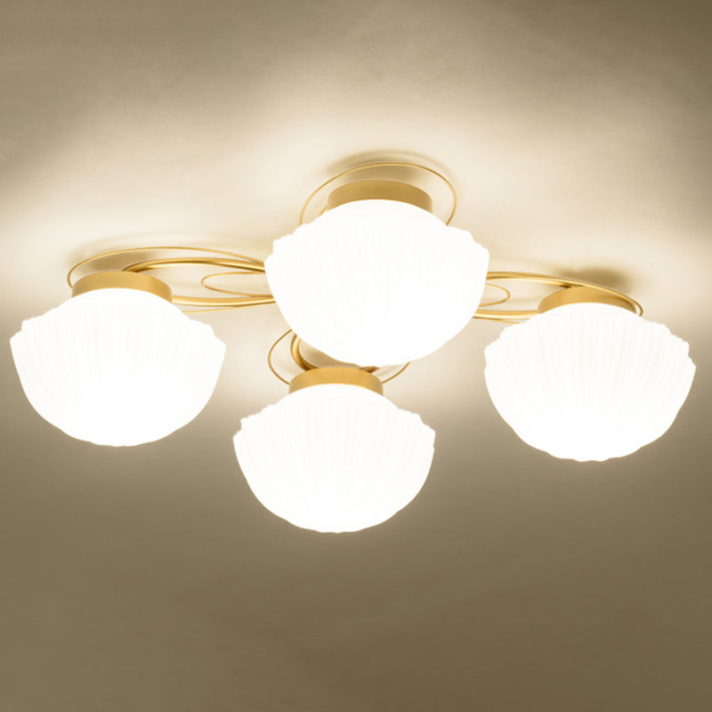 American Traditional Style Plafond Light Mount-Mount avec des coquillages en verre givré blanc Shade en or