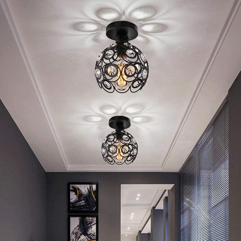 Black Metal Frame Crystal Inclay Mini Plafond Light Modern Simplicity Semi Flush Mount Mount For Corridor Asinte