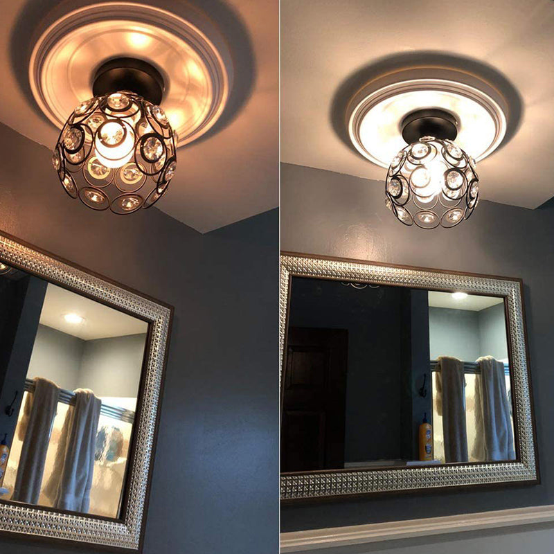 Black Metal Frame Crystal Inclay Mini Plafond Light Modern Simplicity Semi Flush Mount Mount For Corridor Asinte