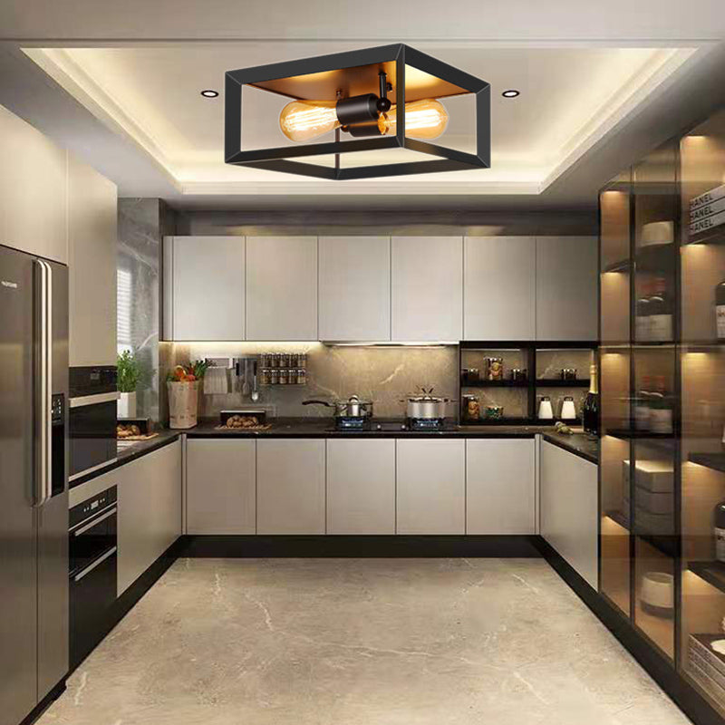 11.8" Wide Industrial Style Ceiling Light Fixture Black Wrought Iron Square Frame 2-Lights Flush Mount Lamp for Cafe Shop