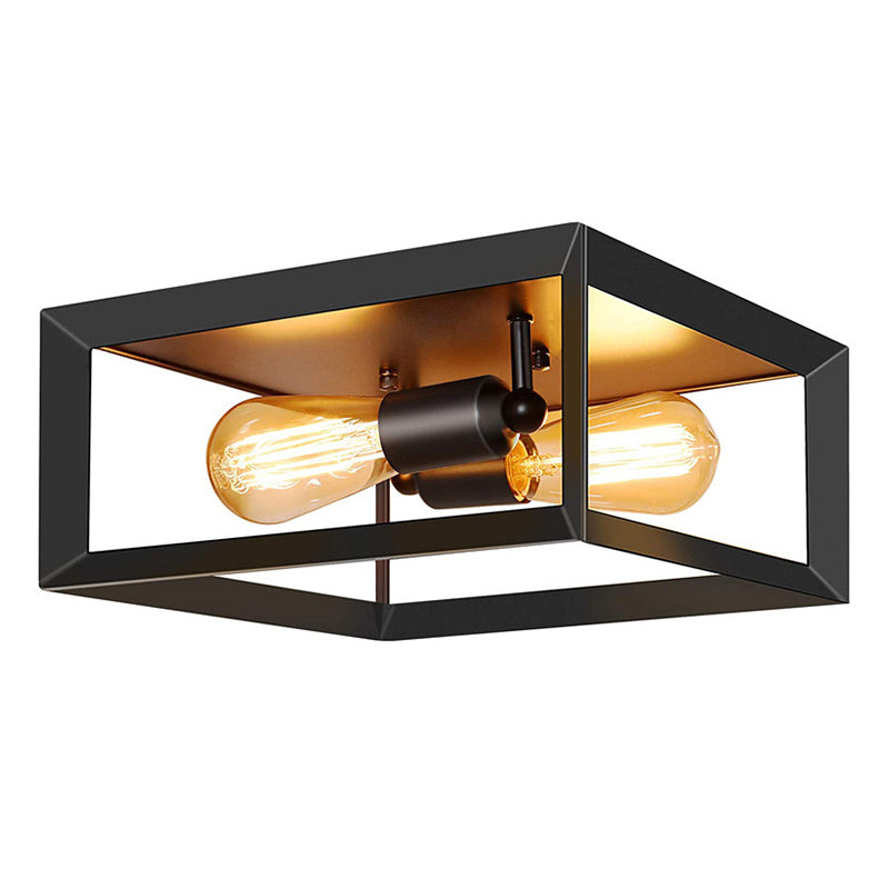 11.8" Wide Industrial Style Ceiling Light Fixture Black Wrought Iron Square Frame 2-Lights Flush Mount Lamp for Cafe Shop