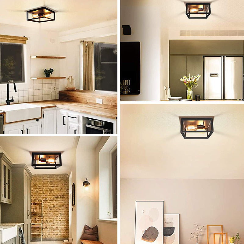 11.8" Wide Industrial Style Ceiling Light Fixture Black Wrought Iron Square Frame 2-Lights Flush Mount Lamp for Cafe Shop