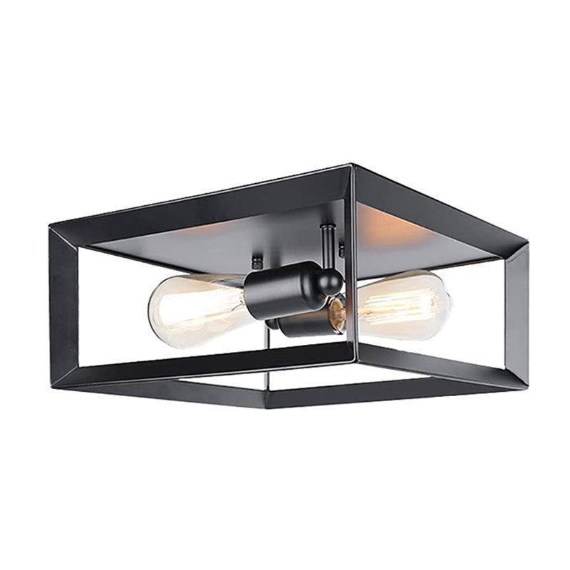 11.8" Wide Industrial Style Ceiling Light Fixture Black Wrought Iron Square Frame 2-Lights Flush Mount Lamp for Cafe Shop