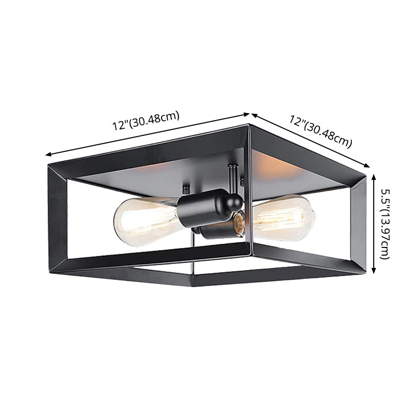 11.8" Wide Industrial Style Ceiling Light Fixture Black Wrought Iron Square Frame 2-Lights Flush Mount Lamp for Cafe Shop