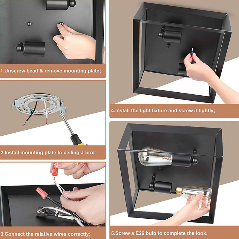 11.8" Wide Industrial Style Ceiling Light Fixture Black Wrought Iron Square Frame 2-Lights Flush Mount Lamp for Cafe Shop