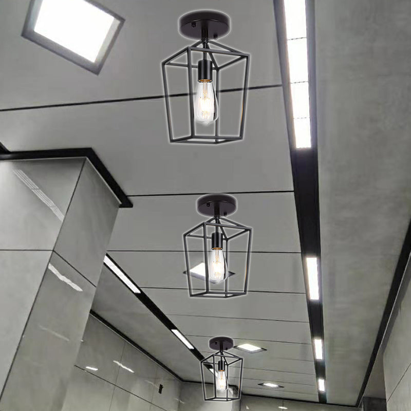 Single Bulb Iron Frame Ceiling Light Industrial Vintage Style Mini Flush-mount Lighting Fixture in Black