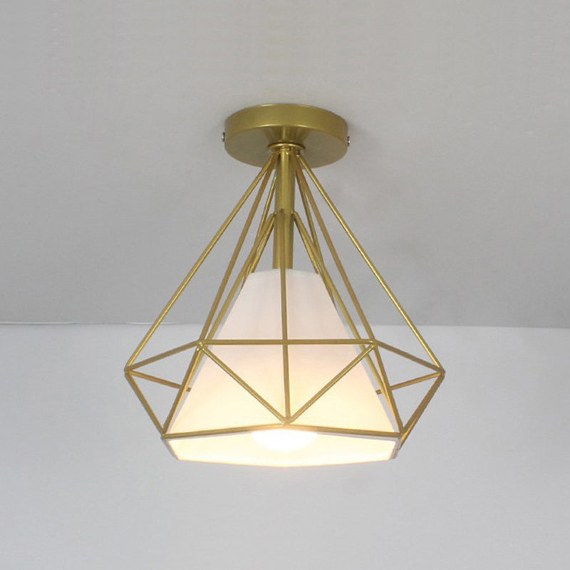 Marco de hierro en forma de diamante techo claro de tela blanca simplicidad mini accesorio de iluminación para corredor de balcón