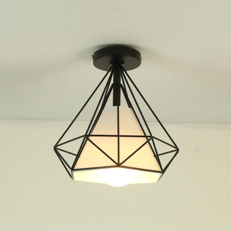 Marco de hierro en forma de diamante techo claro de tela blanca simplicidad mini accesorio de iluminación para corredor de balcón